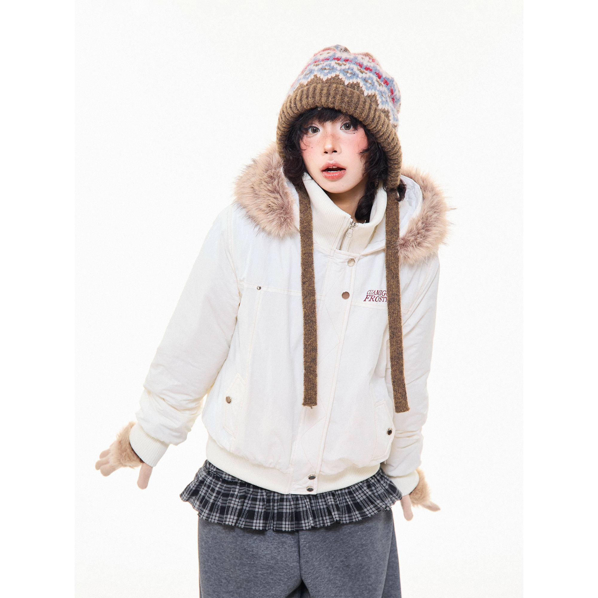 MIKYO 美式复古毛领连帽棉服女冬季小个子立领保暖加厚派克服外套