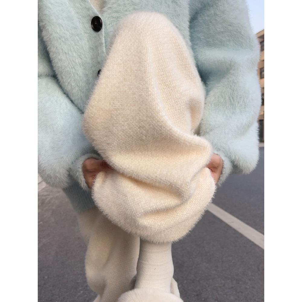 白色加绒阔腿裤女秋冬2025新款保暖裤高腰休闲窄版水貂绒糯米裤