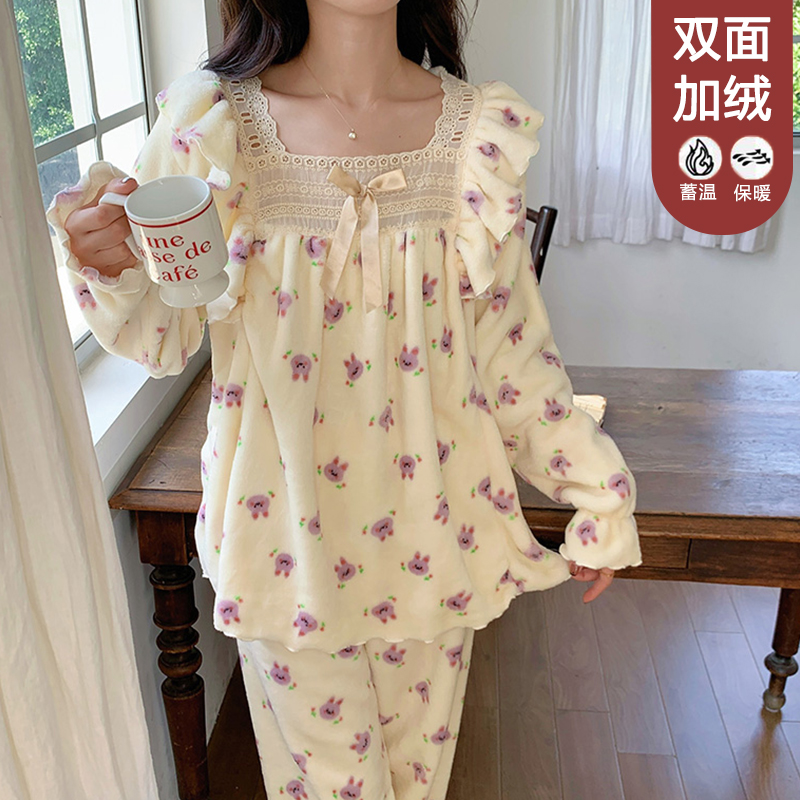 【星】秋冬加厚双面绒套头睡衣女可外穿家居服套装689-1