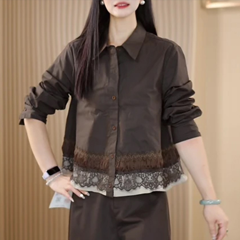 咖色蕾丝拼接翻领长袖衬衫女2025春秋新款气质显瘦百搭打底衫上衣