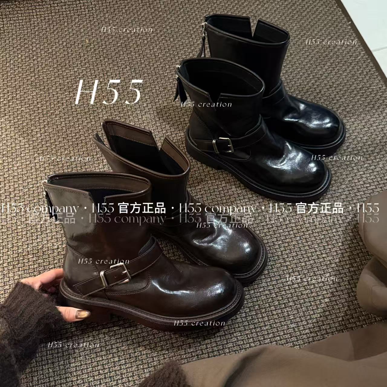 H55-Demure古典爵士踝靴手抓纹油蜡皮实用主义3.5cm59-2889-RD