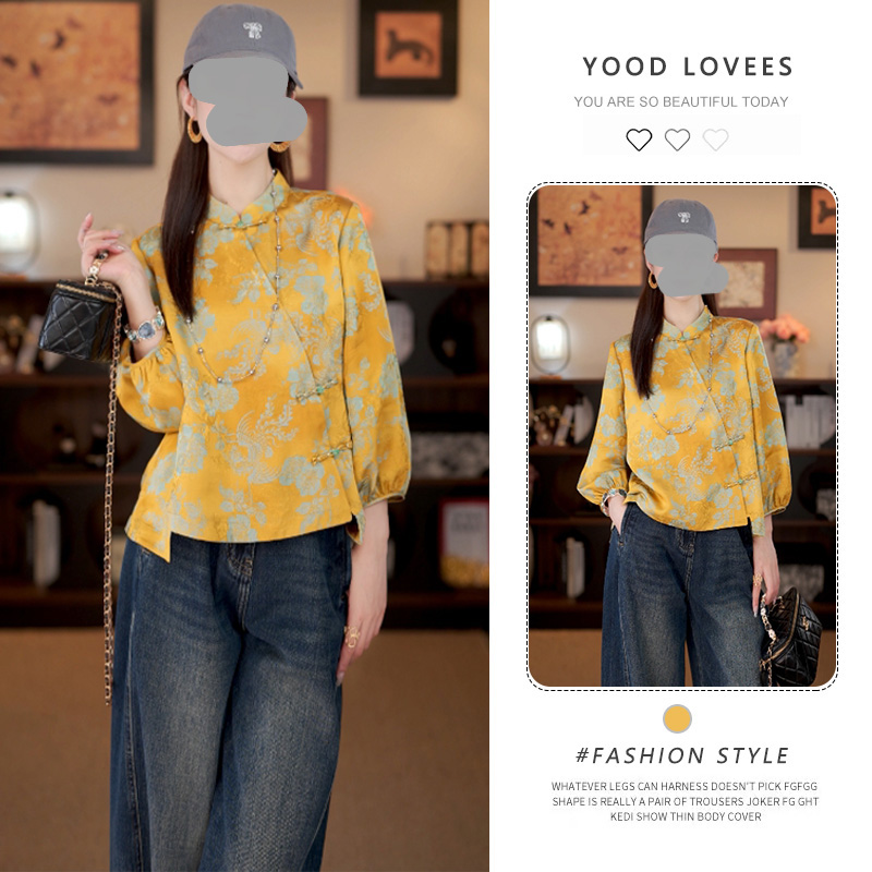 国风复古设计感立领衬衫女春秋新款洋气国潮印花显瘦新中式上衣