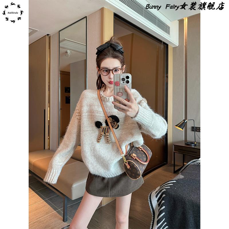 重工玩偶圆领毛衣女2025新款春秋加厚港味复古慵懒内搭针织衫秋冬