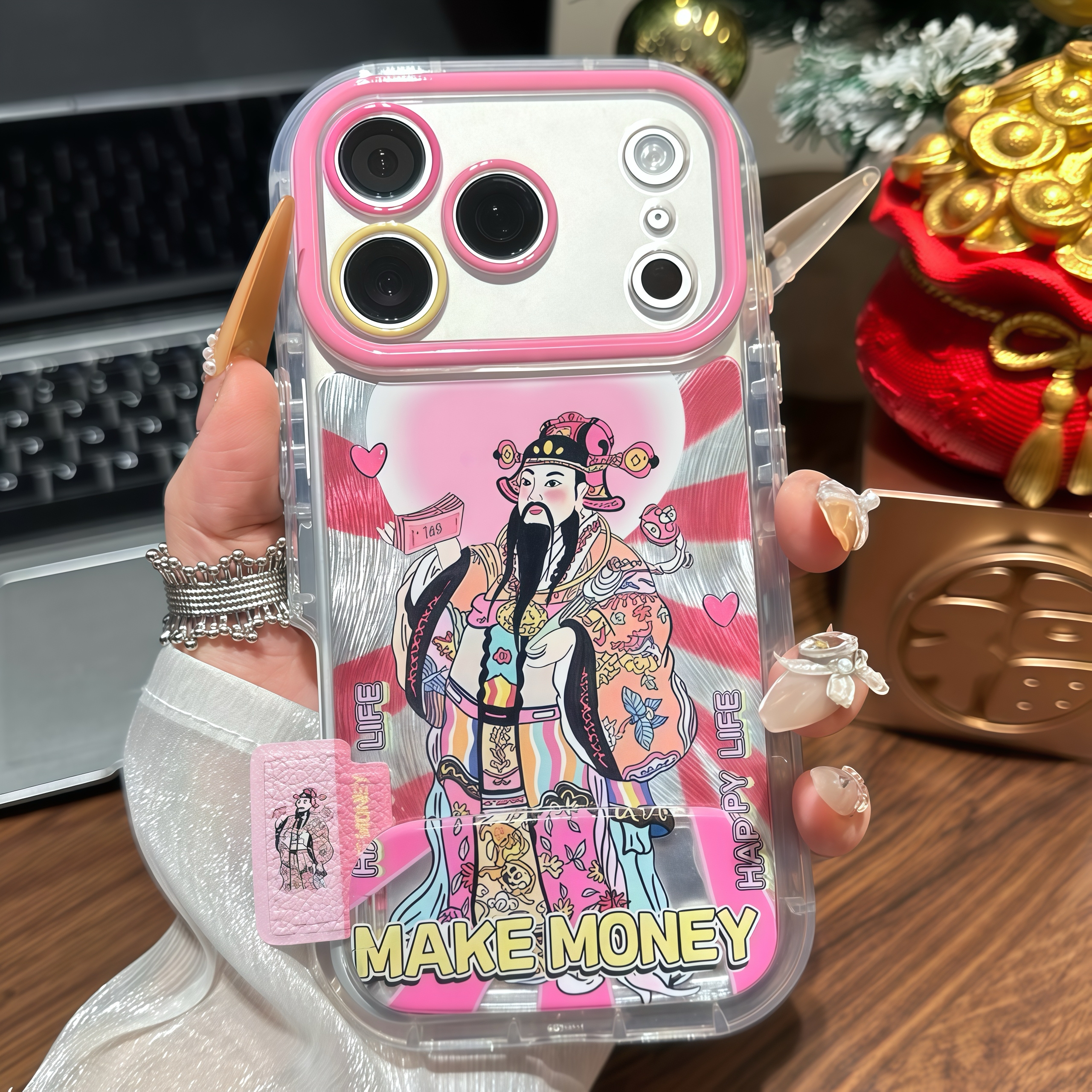 新年粉财神爷支架适用苹果17/16promax手机壳14华为vivoppo小米15