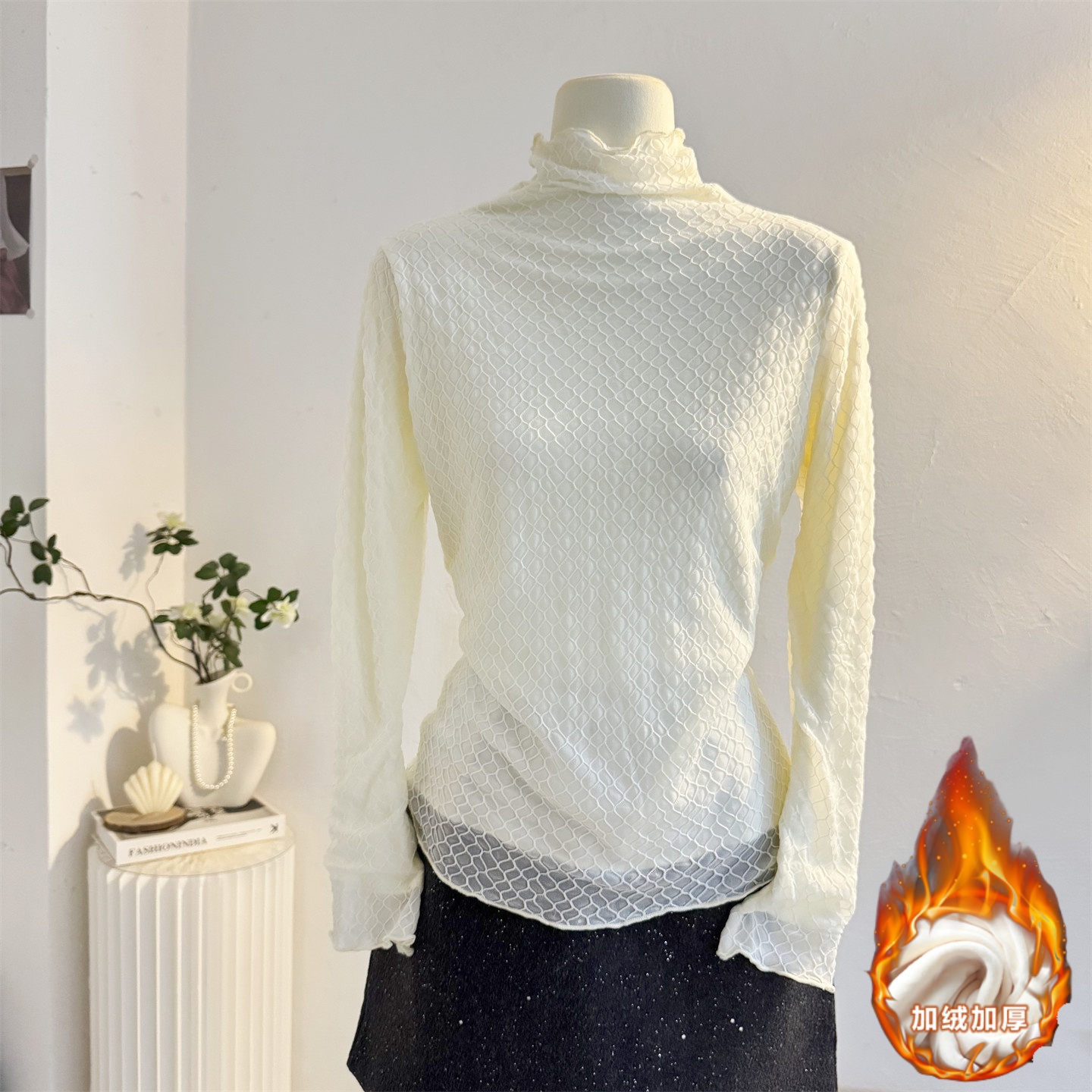 加绒加厚半高领蕾丝衫套头长袖衬衫女2025秋冬保暖内搭打底衫上衣