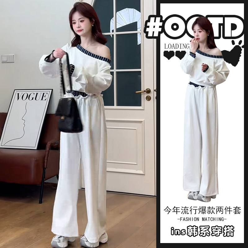 洋气炸街套装春秋季新款斜肩假两件长袖上衣白色宽松休闲裤两件套