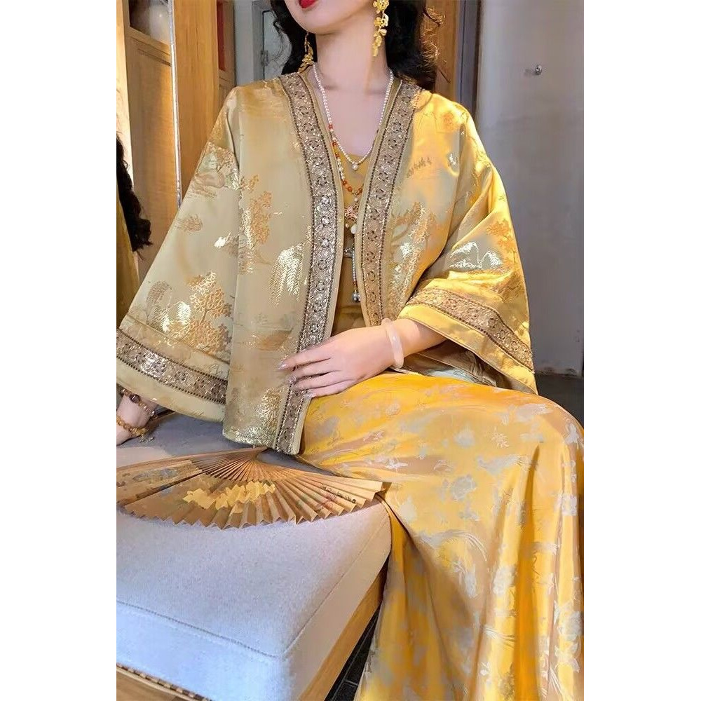 洋气时尚珠绣鎏金国风小富婆重工外套吊带裙新中式时尚套装女