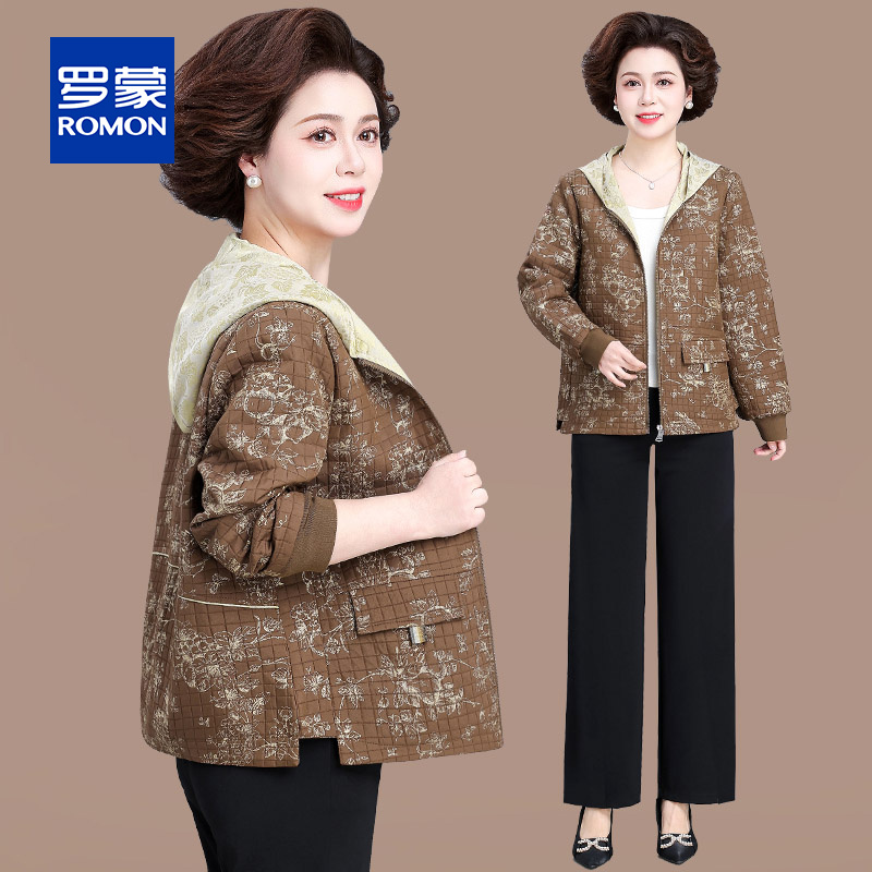 罗蒙中年妈妈装外套洋气上衣2025新款中老年女装春秋连帽夹克衫