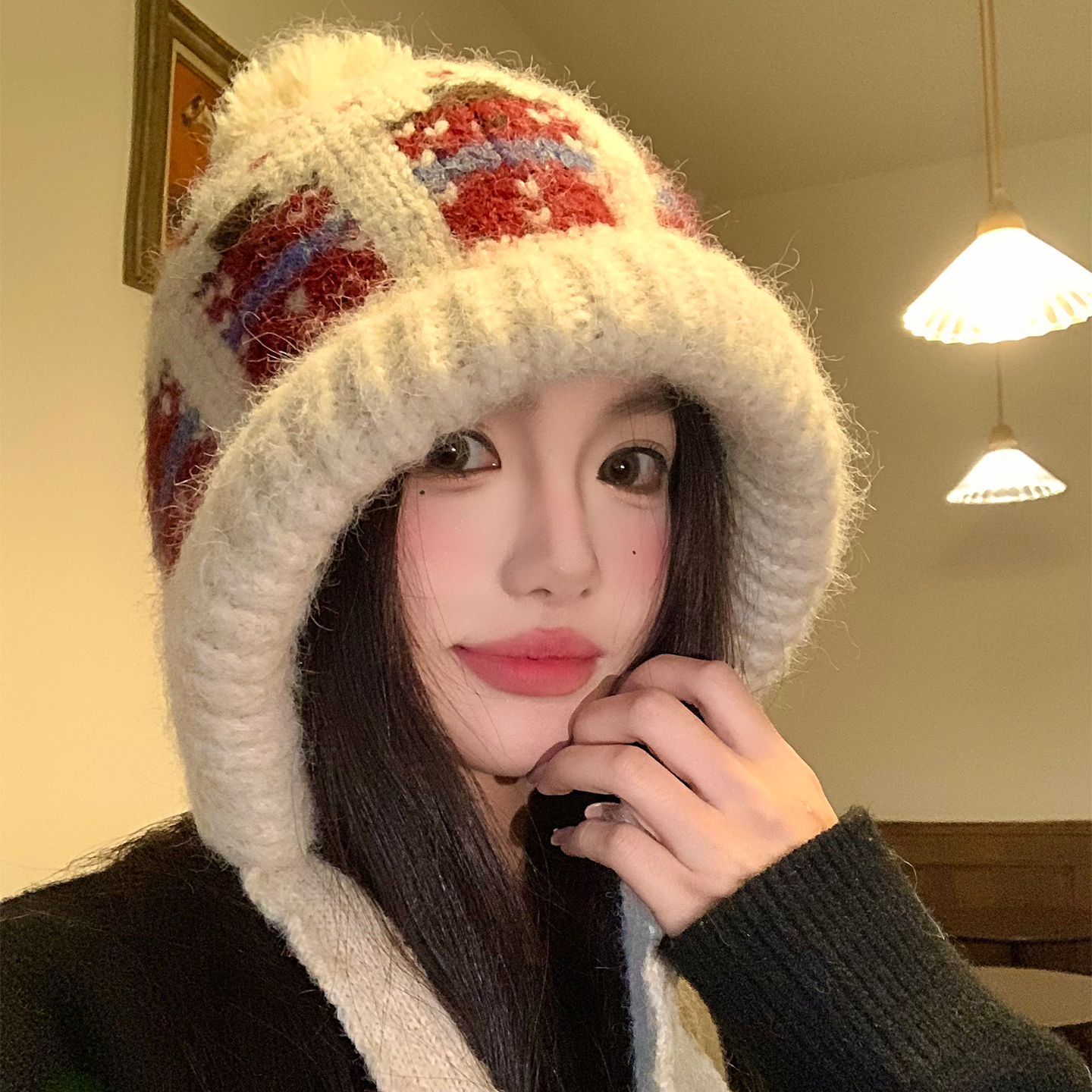 费尔岛雪人提花针织帽女秋冬季保暖防寒毛线帽显脸小护耳包头帽子