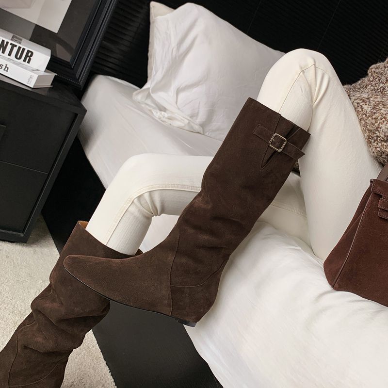 长靴女不过膝靴子2025秋冬新款女靴内增高褶皱堆堆靴绒面长筒靴女