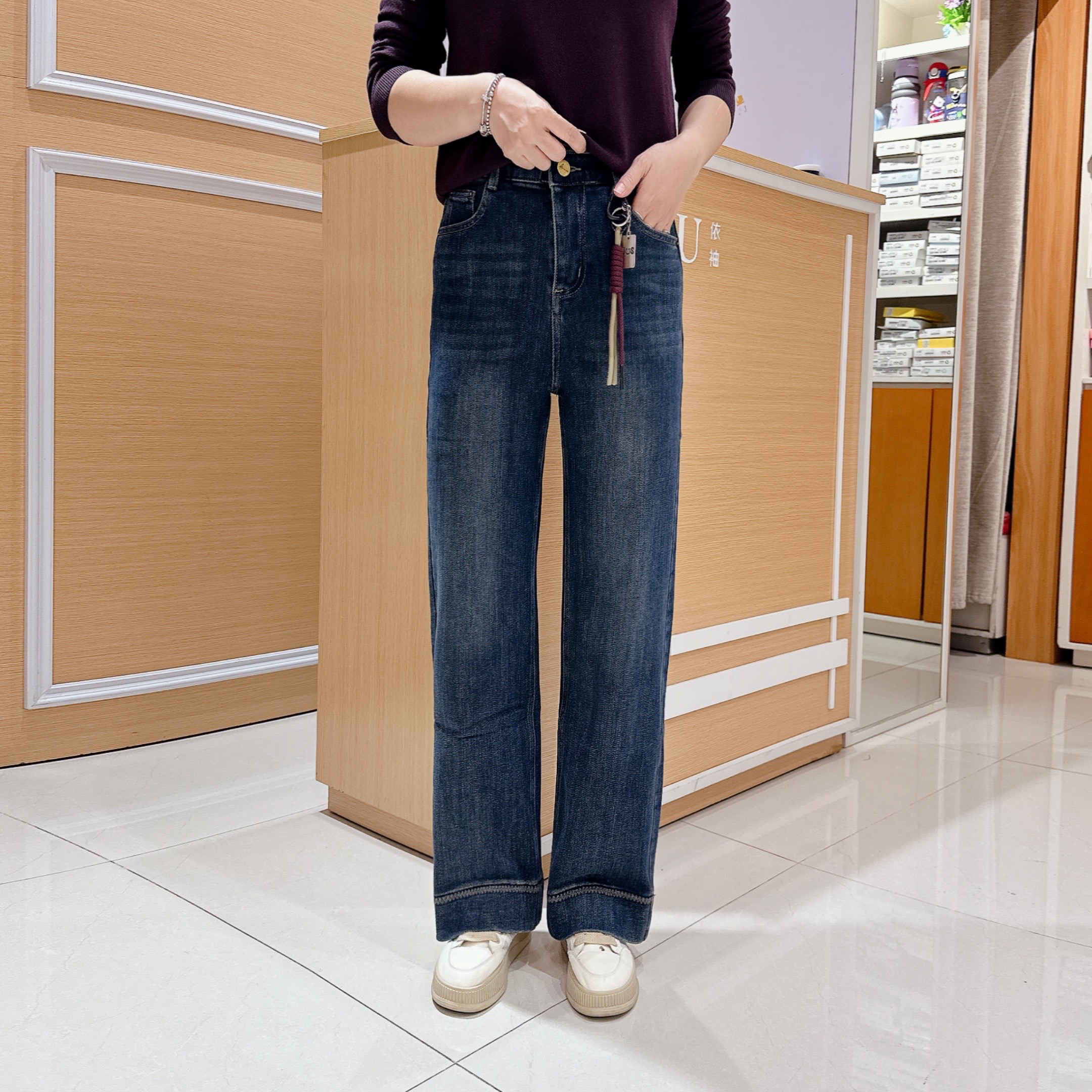 时尚牛仔阔腿裤5-995/985冬磨毛弹力百搭减龄弹力显瘦96厘米5876