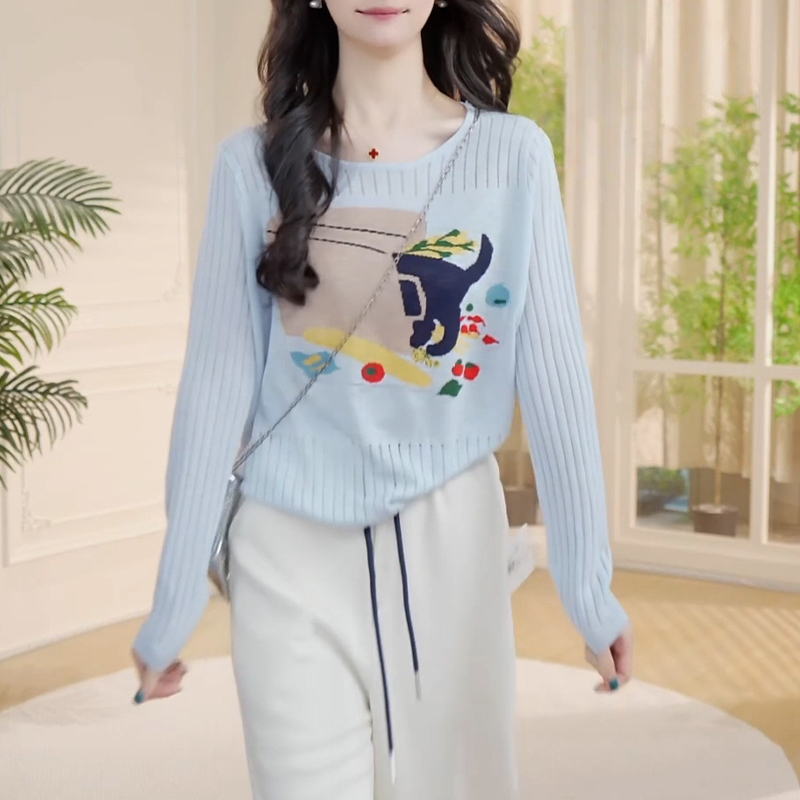 韩系温柔风针织衫长袖t恤女2026春秋新款宽松显瘦时尚打底衫上衣