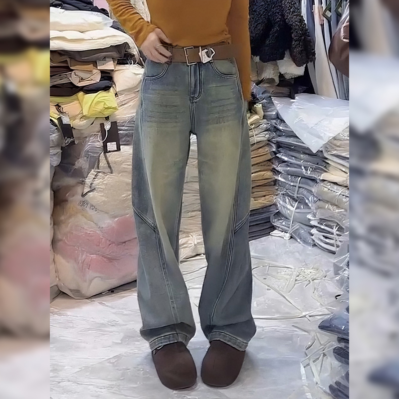 复古蓝加绒加厚弯刀牛仔裤女冬季2025新款大码胖mm高腰直筒阔腿裤