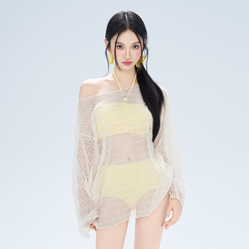 水上乐园宽松度假泳衣女比基尼姜黄色显白纯欲聚拢镂空长袖防晒