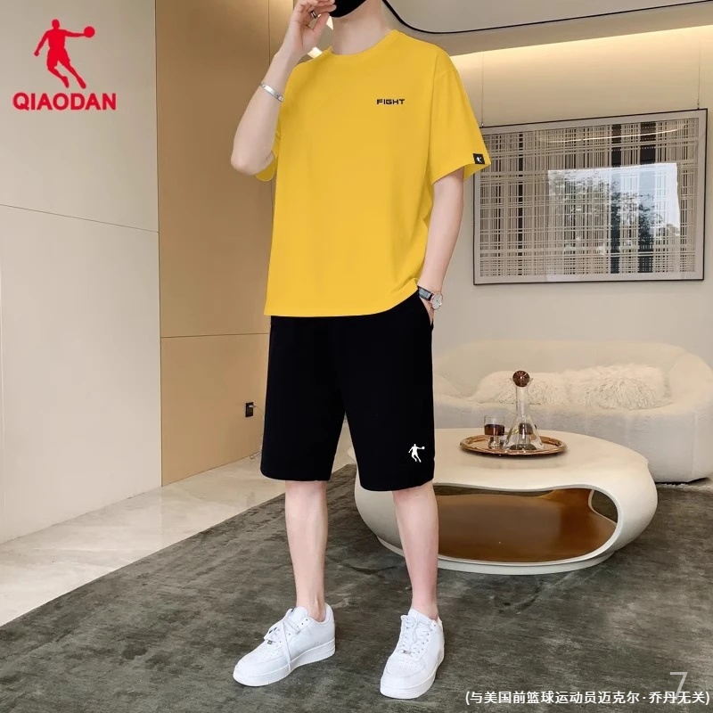 乔丹套装男2025夏季新款宽松圆领半袖黄色运动体恤速干短裤两件套