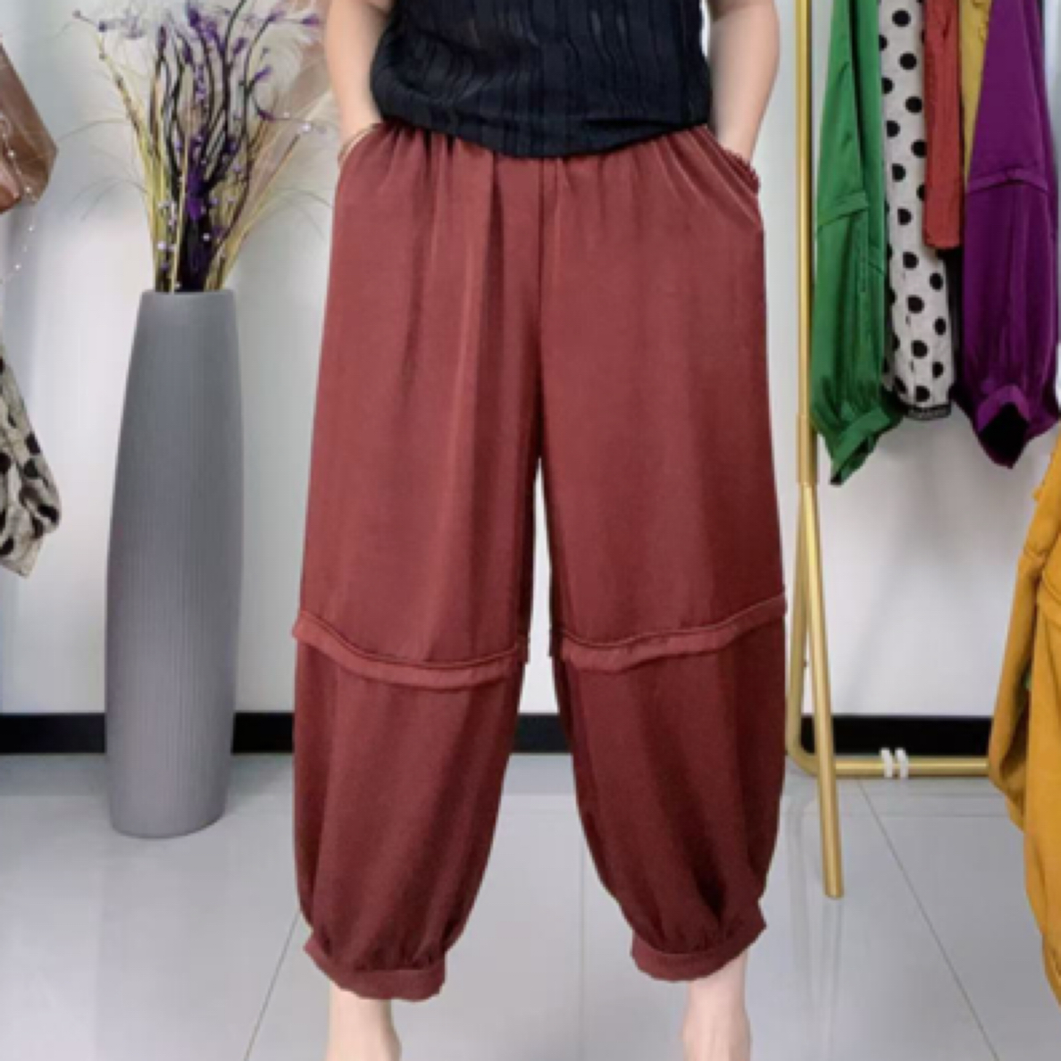 209秋款新款洋气百搭休闲缎面九分灯笼裤长85