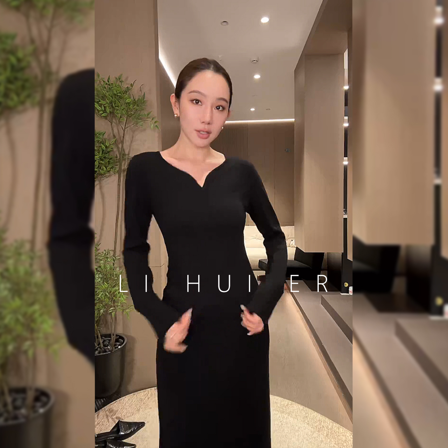 LiHuiEr李慧儿【降色】秋季轻奢百搭暗黑色针织连衣裙LL025695