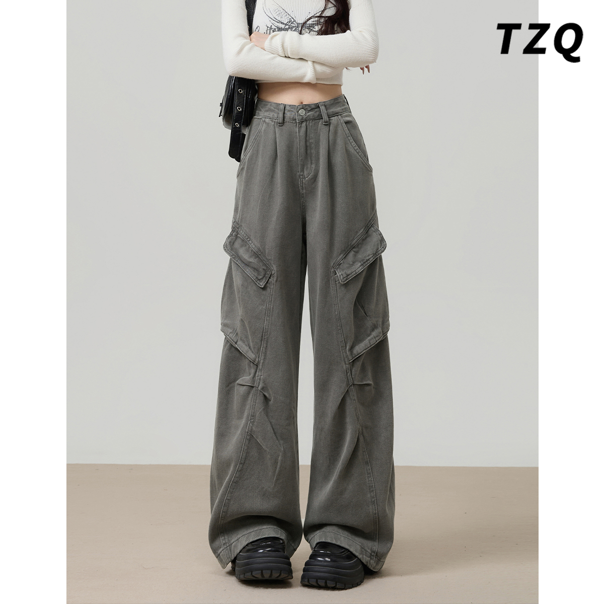 美式灰色工装阔腿牛仔裤女款爆款2025新款秋冬高腰显瘦复古拖地裤