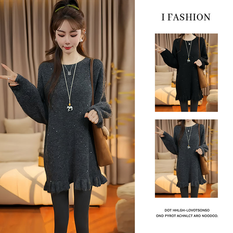 亮晶晶木耳边拼接中长款毛衣女2025年冬季新款时尚气质慵懒风上衣