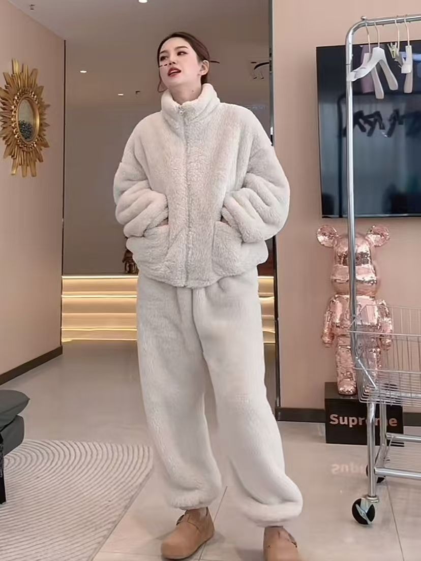 睡衣女秋冬季学生大码保暖时尚加绒加厚新款韩版可外穿家居服套装