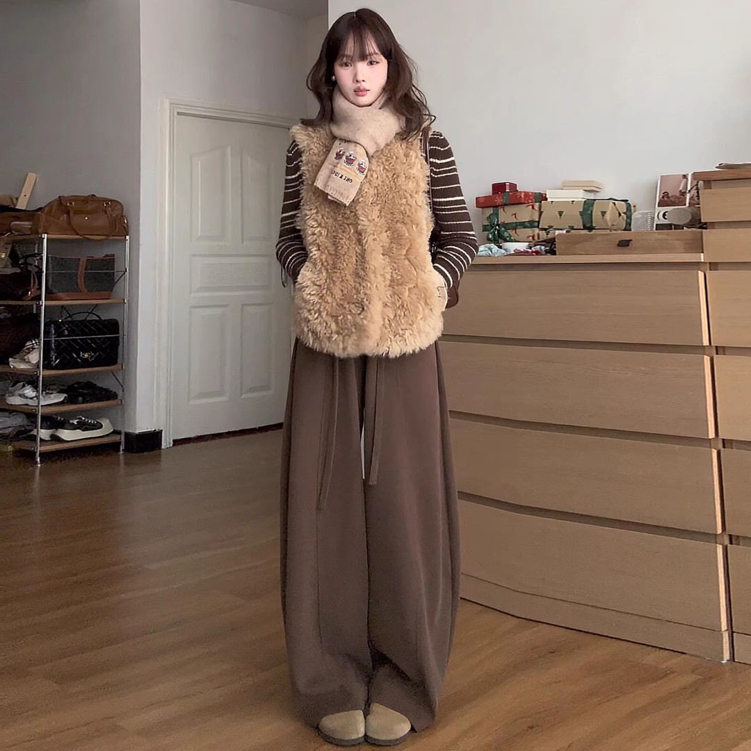 咖色复古弯刀裤女秋冬季2025新款高腰阔腿裤宽松休闲拖地加绒裤子