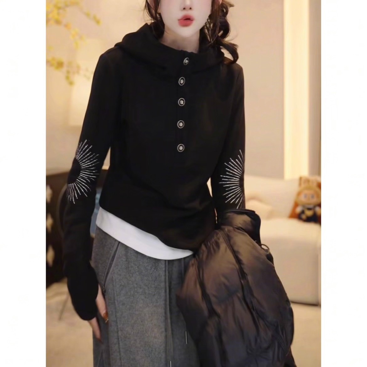 静奢时光双面绒扣子连帽卫衣女设计感重工秋冬保暖时尚百搭帽衫