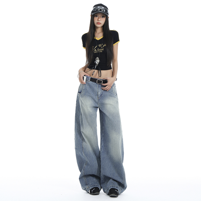 KRO春季新款美式复古水洗浅蓝色弯刀牛仔裤女宽松阔腿拖地长裤