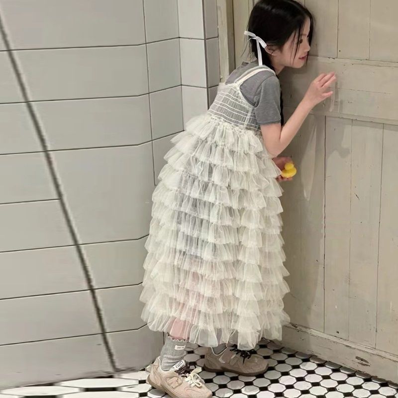 新款中大童短袖T恤连衣裙2025夏款韩版蛋糕裙套装女童吊带两件套