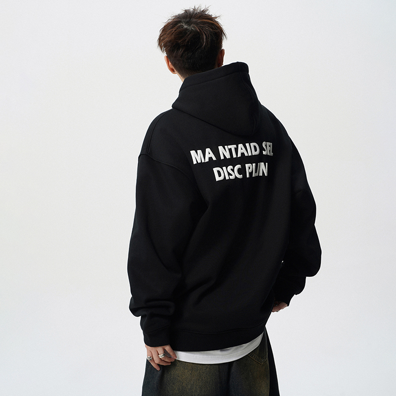 LIGGICC 美式重磅黑色连帽卫衣男款潮牌秋季宽松发泡字母帽衫外套