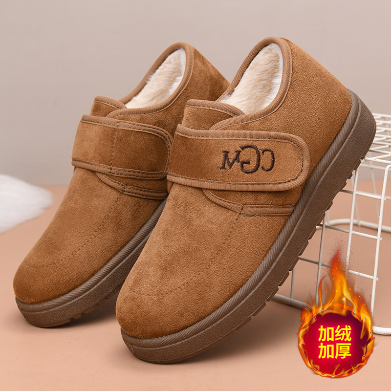 冬季新款老北京棉鞋女加绒保暖妈妈鞋中老年一脚蹬软底防滑平底靴