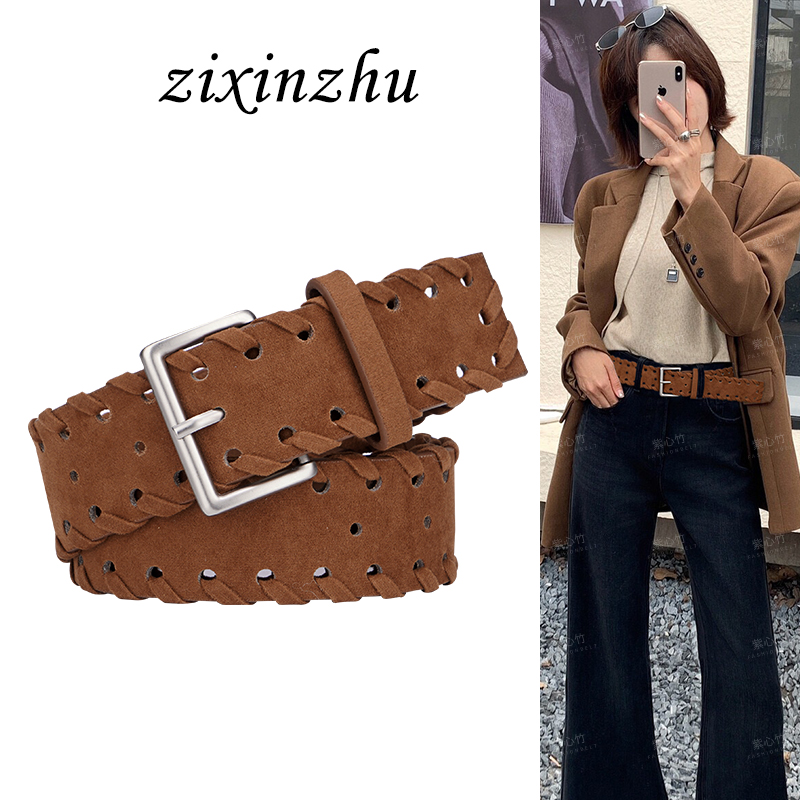 麂皮绒棕色腰带女士2025新款爆款配饰装饰牛仔裤编织宽皮带高级感