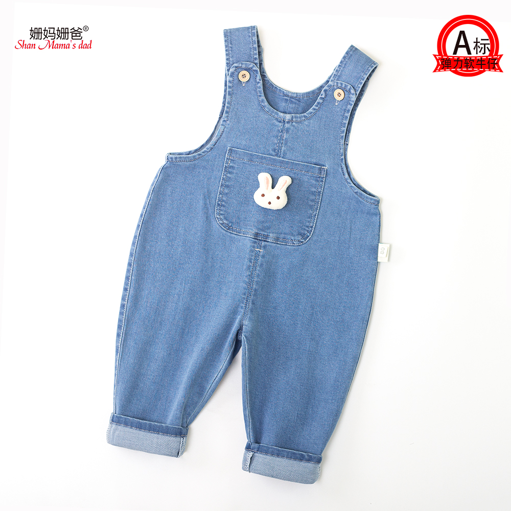 儿童软牛仔背带裤宝宝连体牛仔裤可开档小童背心背带裤