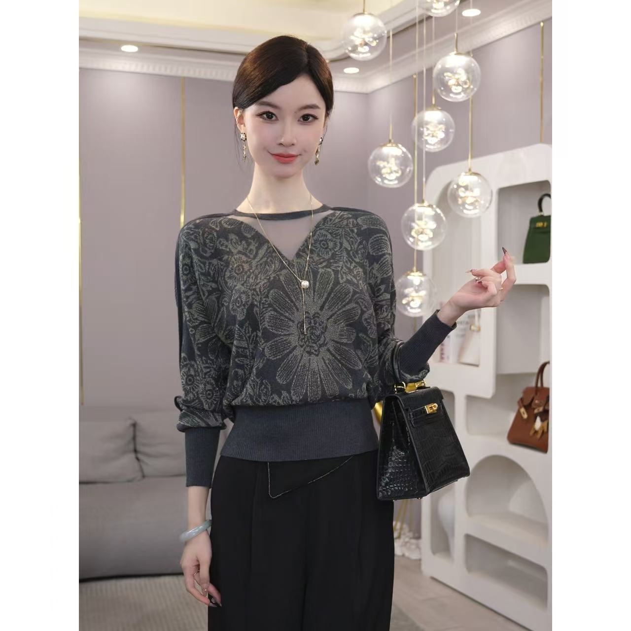 2026秋冬款【ZM-968JR】醋酸天丝羊毛设计蝙蝠袖宽松灰色针织毛衣女