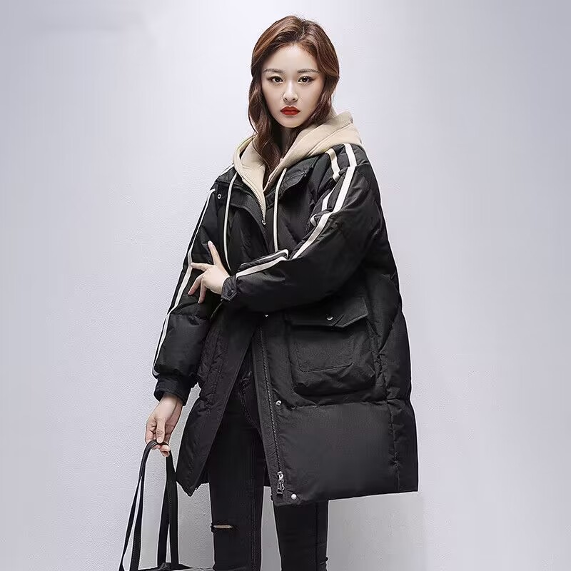 假两件连帽中长新款衣服女冬装洋气韩版加厚袄防寒服外套