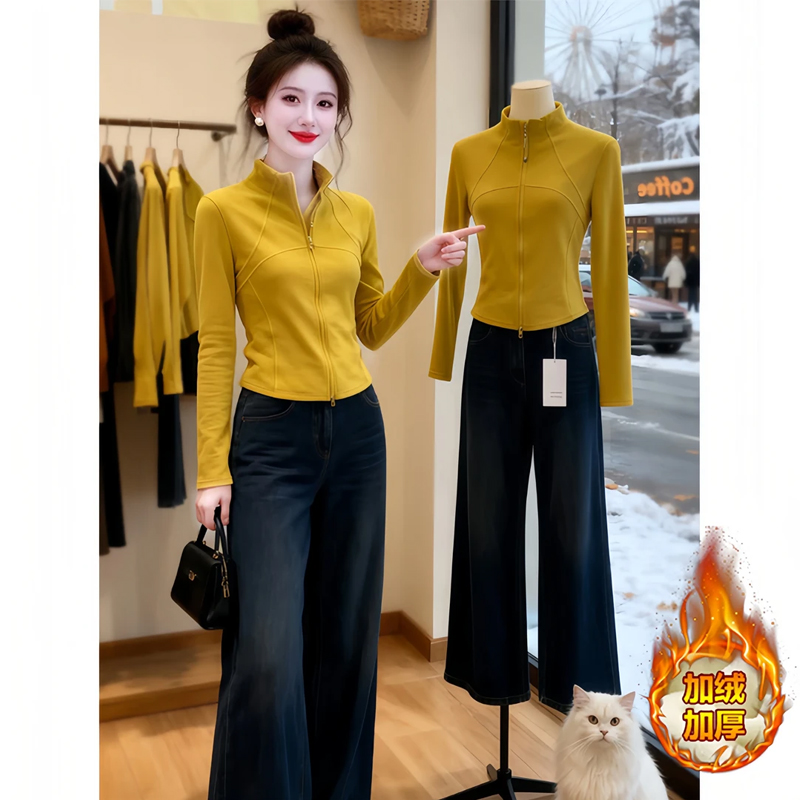 半高领双拉链长袖T恤洋气开衫女秋冬季简约休闲修身显瘦百搭上衣