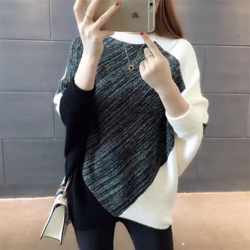 拉夏贝尔民族风蝙蝠衫毛衣女2025秋季新款宽松圆领针织衫长袖上衣