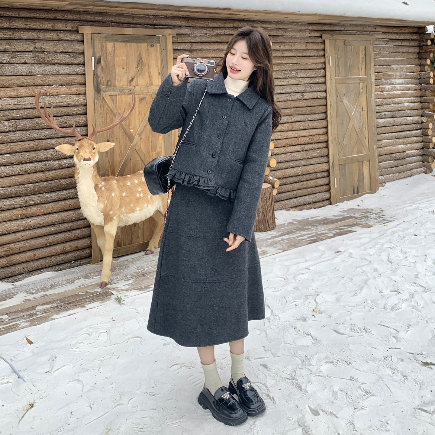 韩系小香风毛呢套装裙女2025年冬季复古文艺范羽绒内胆气质两件套