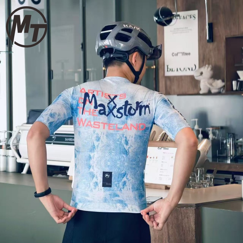 Maxxstorm-迈斯通云骑复古牛仔涂鸦透气骑行短袖紧身显瘦骑行装备