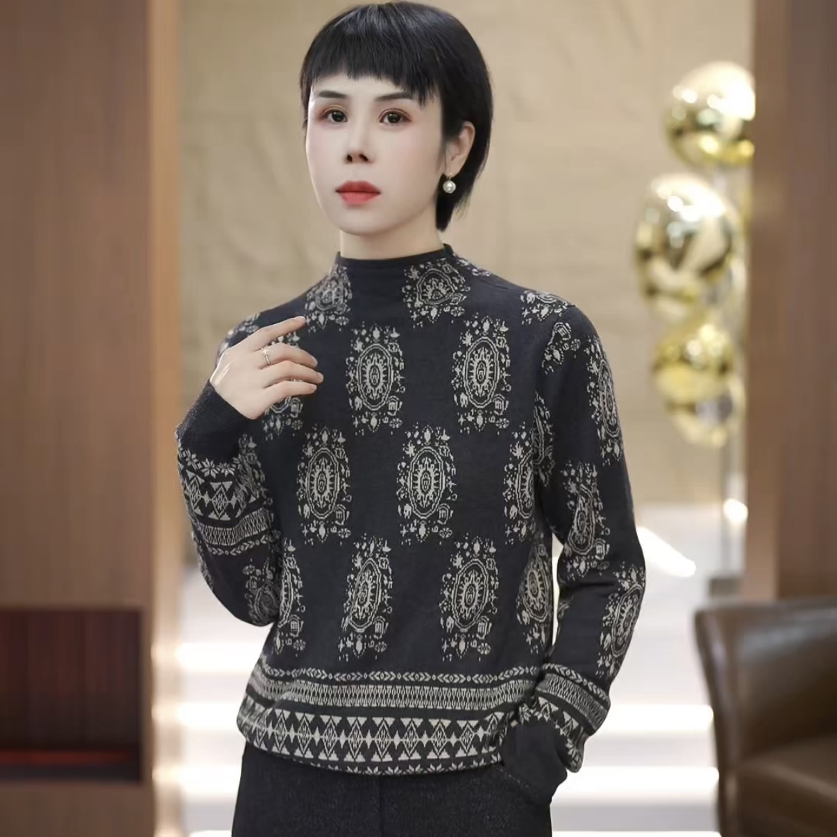 【渲渲推荐】HYF-5140冬季时尚花纹半高领小衫