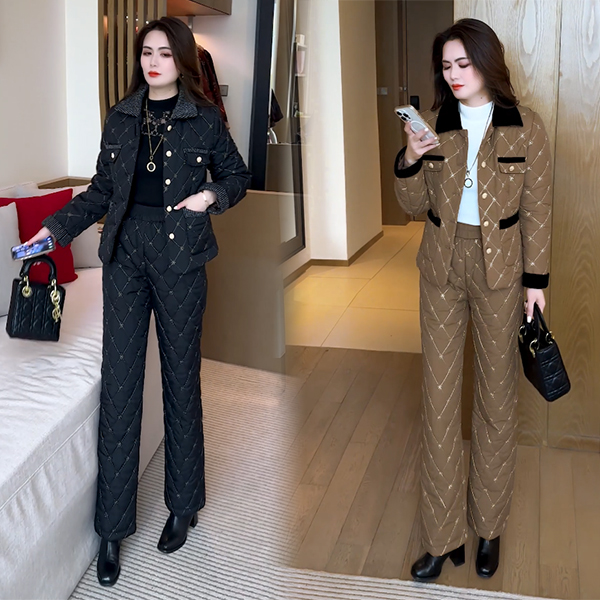 【季颜品牌】冬季新款加厚加绒气质显瘦时尚小香风金丝棉服套装49