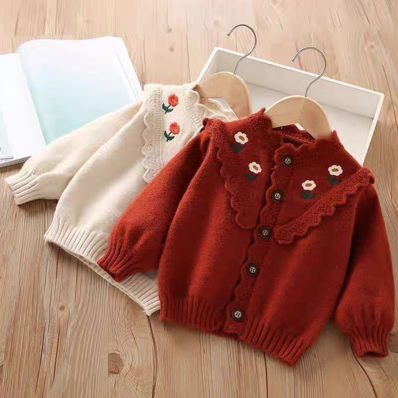 女童毛衣2024秋冬新款韩系女宝宝刺绣花朵洋气针织花边儿童开衫潮