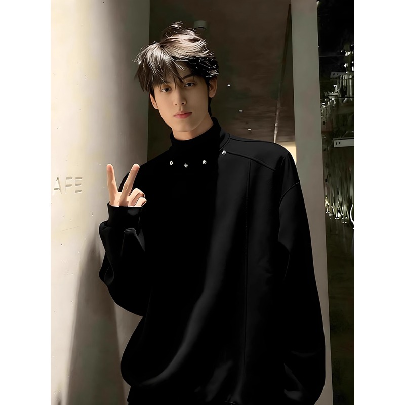 黑色德绒半高领打底衫男款秋冬金属解构长袖t恤重磅保暖内搭卫衣