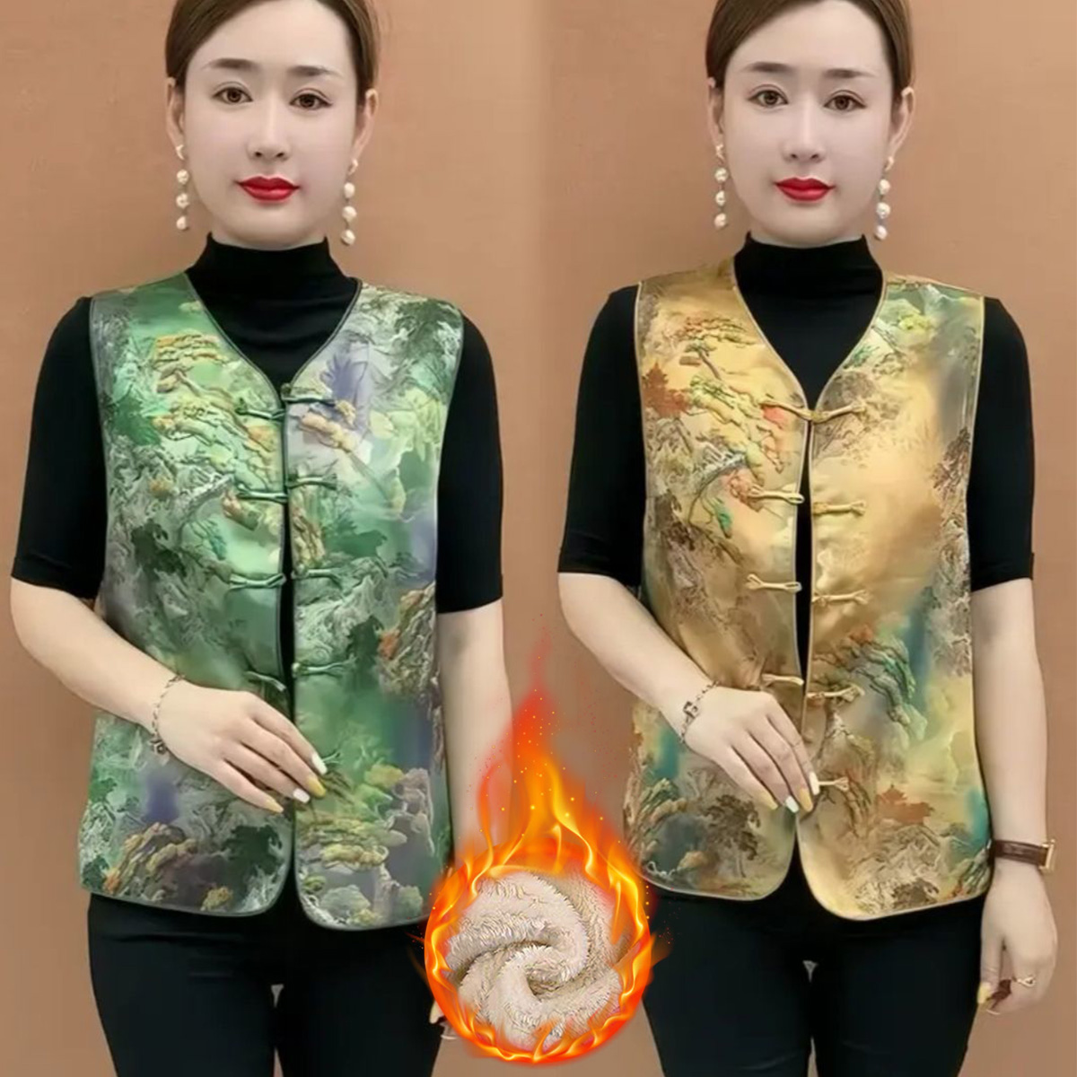 中国式气质民族风马夹中式复古马甲新中式加绒加厚印花冬季上衣