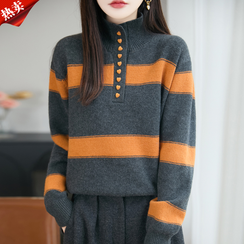时尚品牌女装秋冬女韩版慵懒风宽松毛衫条纹百搭针织衫毛衣上衣