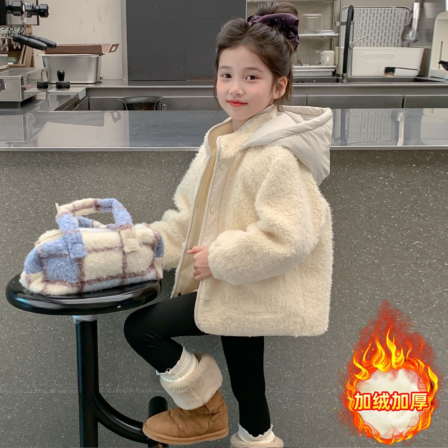 女童秋冬装外套时尚新款儿童洋气女孩冬季加绒加厚连帽棉袄毛毛衣