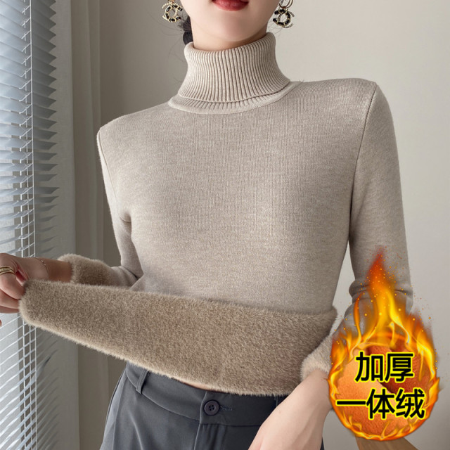 秋冬高领加绒毛衣女加厚一体绒内搭修身保暖打底衫套头针织衫上衣
