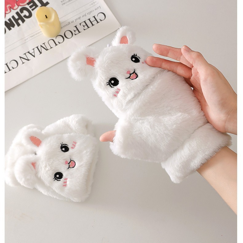可爱猫咪翻盖半指毛绒手套女冬季骑行露指加绒加厚保暖防冻手学生