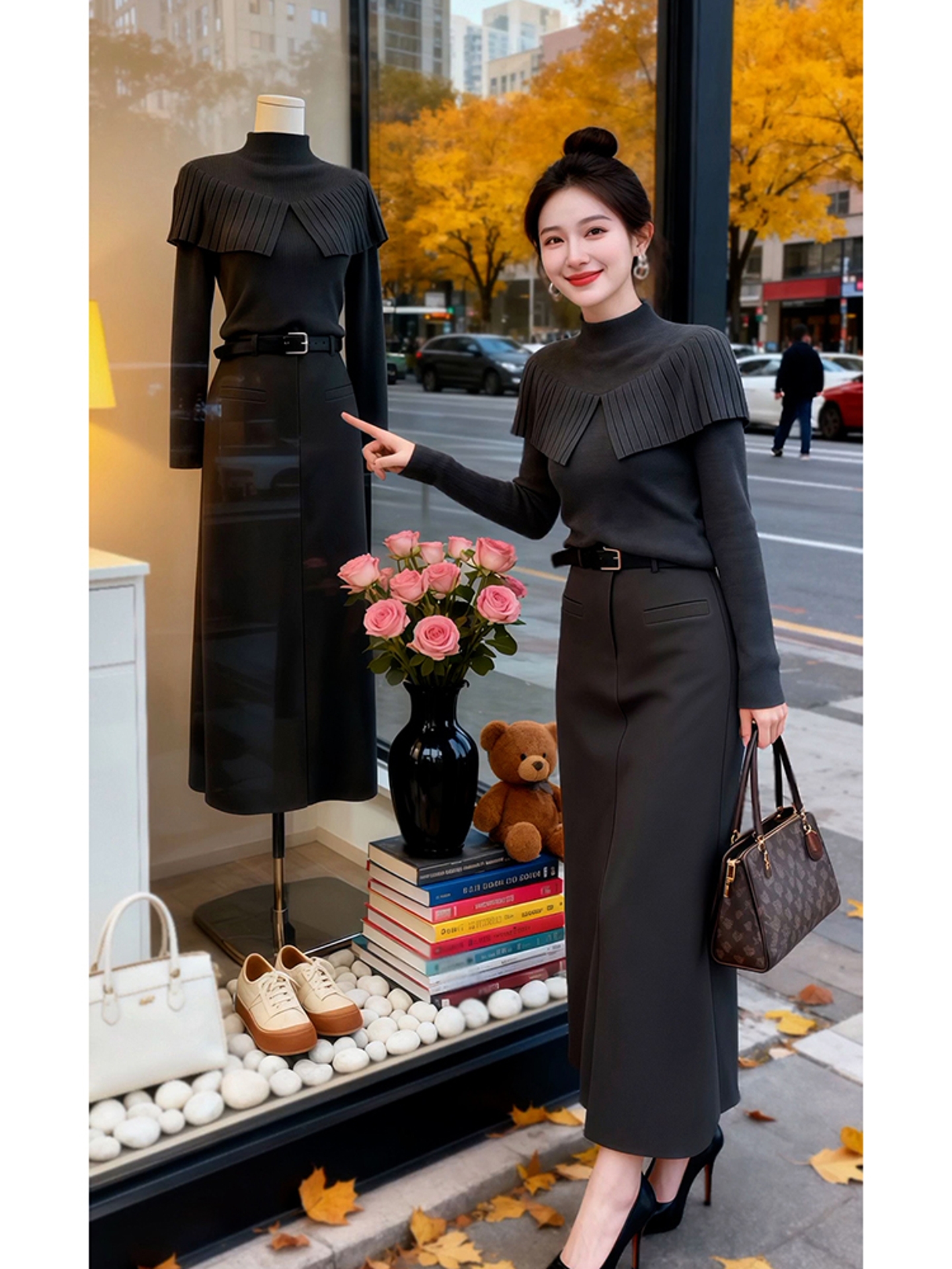 轻熟风立领灰色针织衫女秋冬2025新款设计感荷叶边修身打底衫上衣