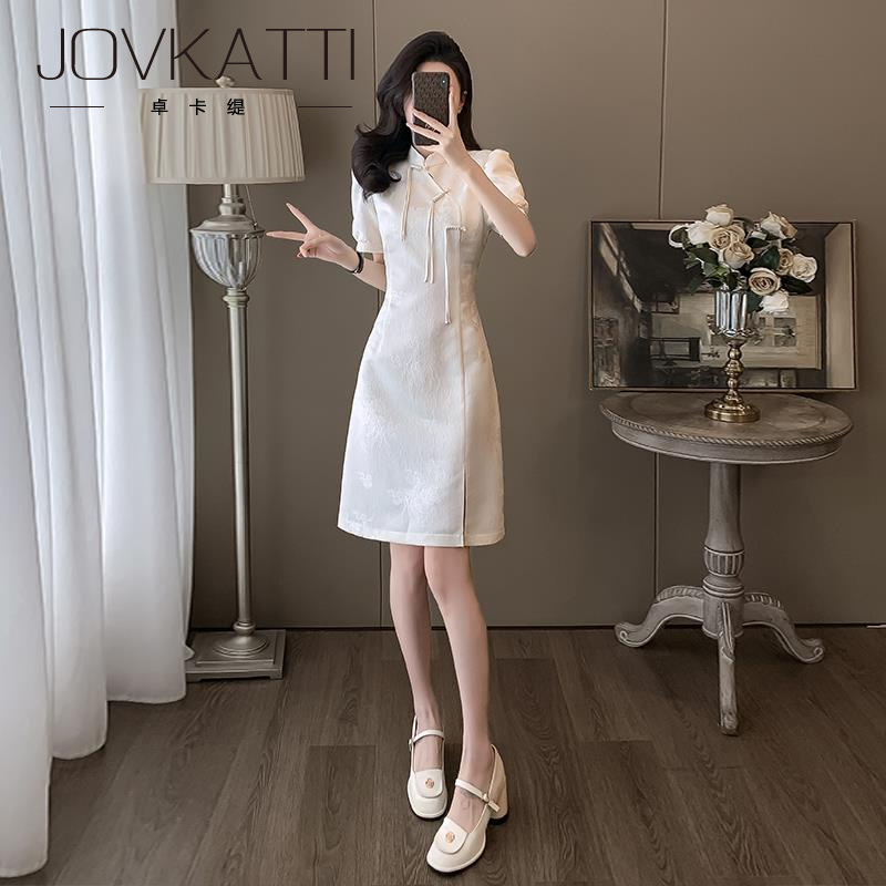 Jovkatti改良旗袍裙遮肚子白色新中式国风连衣裙子女25-35岁夏季