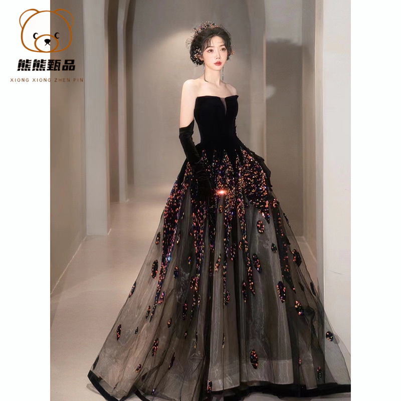 气质显瘦夏季法式时尚长款小众晚礼服设计感连衣裙抹胸女黑色拖yy